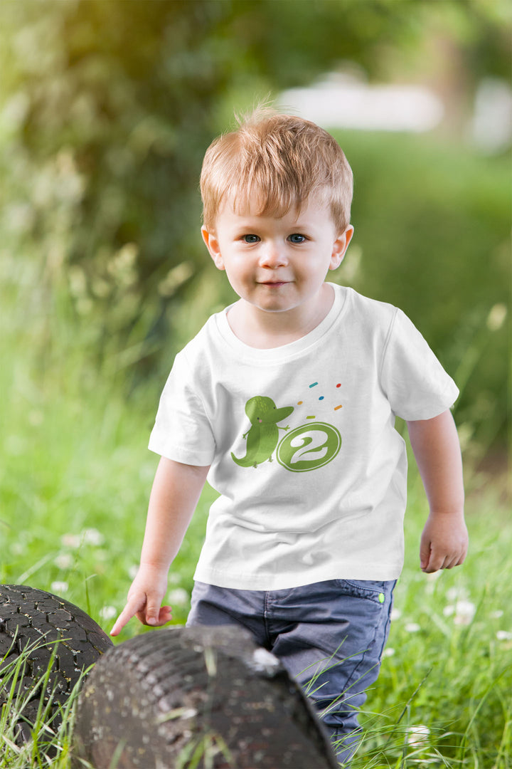 2 Years Birthday Dino Green. Short Sleeve T Shirt For Toddler And Kids. - TeesForToddlersandKids -  t-shirt - birthday - 2-years-birthday-dino-green-short-sleeve-t-shirt-for-toddler-and-kids