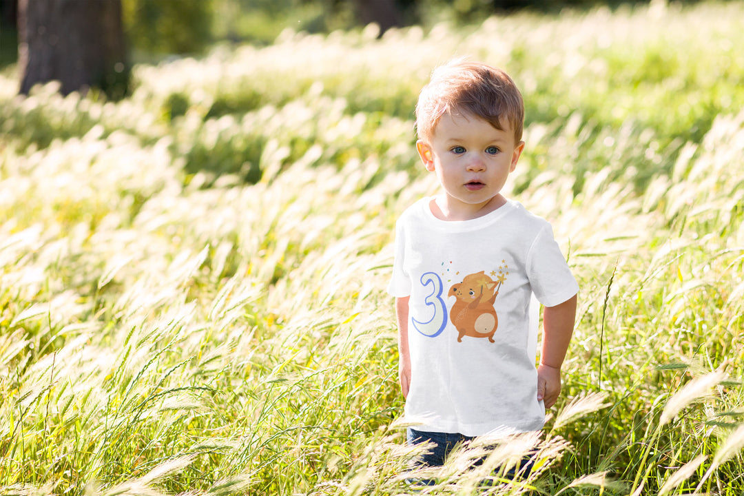 3 Year Birthday Cute Fox Blue. Short Sleeve T Shirt For Toddler And Kids. - TeesForToddlersandKids -  t-shirt - birthday - 3-year-birthday-cute-fox-blue-short-sleeve-t-shirt-for-toddler-and-kids