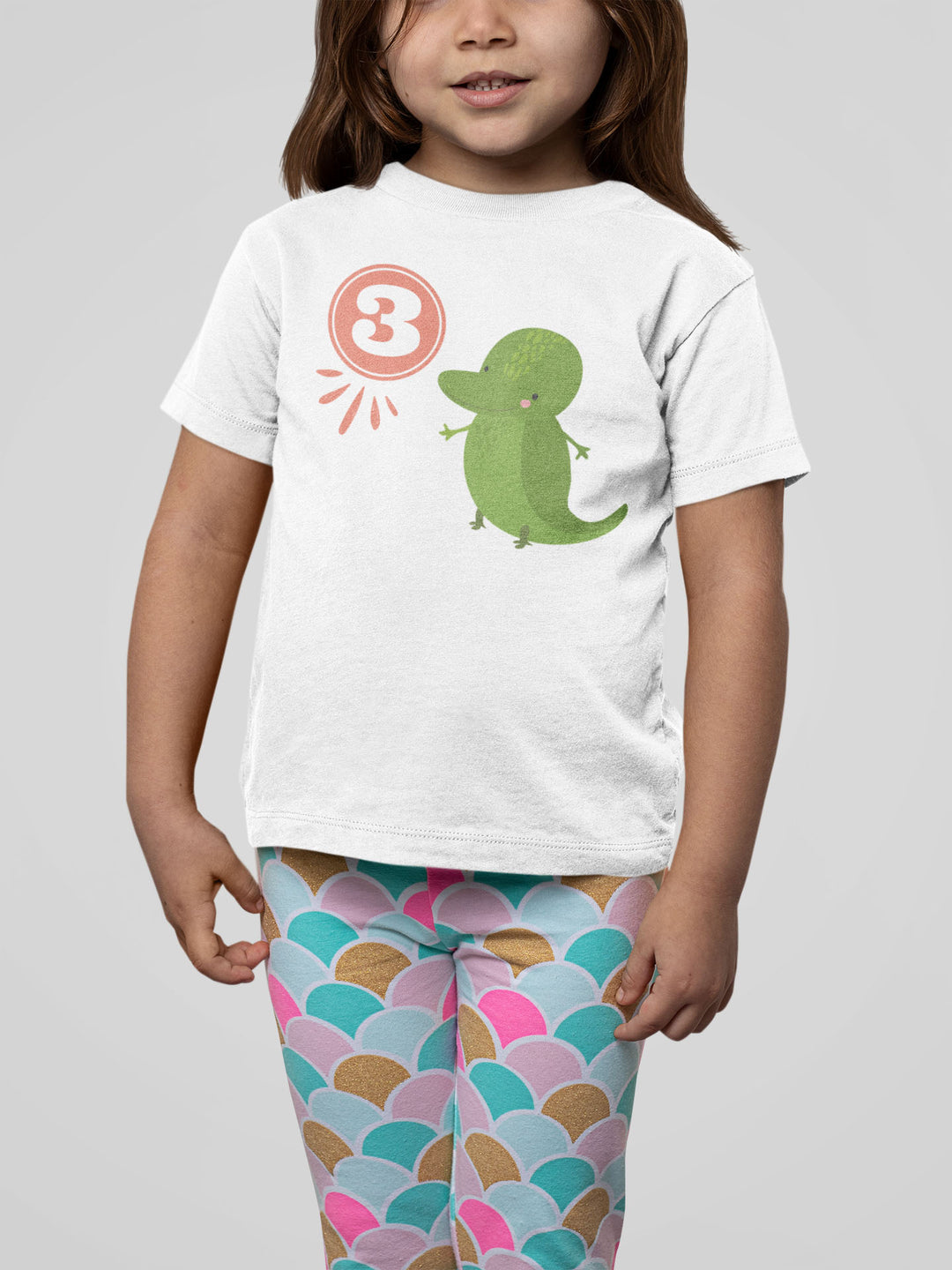 3 Year Birthday Dino Coral. Short Sleeve T Shirt For Toddler And Kids. - TeesForToddlersandKids -  t-shirt - birthday - 3-year-birthday-dino-coral-short-sleeve-t-shirt-for-toddler-and-kids