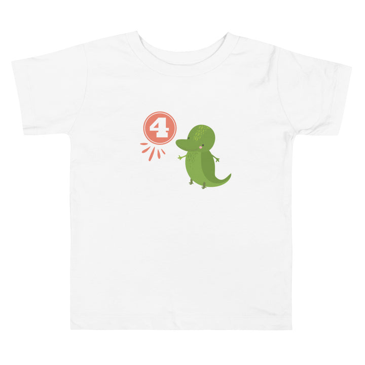 4 Year Birthday Dino Coral. Short Sleeve T Shirt For Toddler And Kids. - TeesForToddlersandKids -  t-shirt - birthday - 4-year-birthday-dino-coral-short-sleeve-t-shirt-for-toddler-and-kids