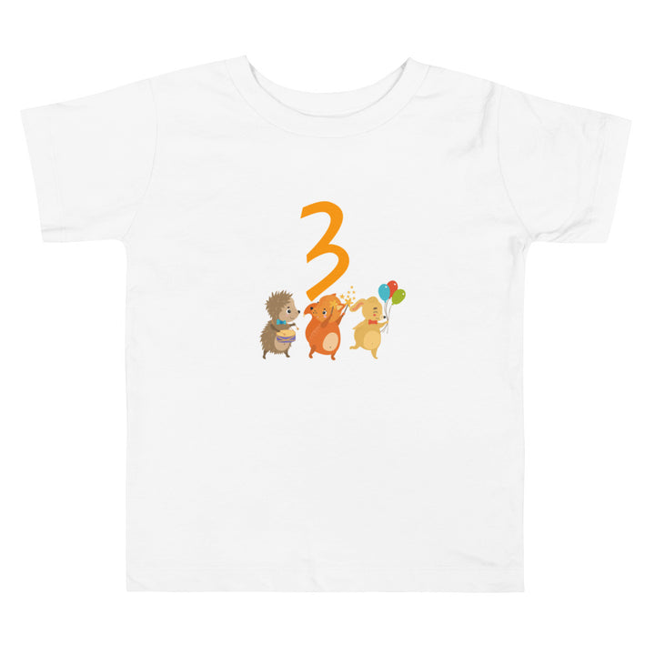 3 Year Birthday Dog Fox Rabbit Cute. Short Sleeve T Shirt For Toddler And Kids. - TeesForToddlersandKids -  t-shirt - birthday - 3-year-birthday-dog-fox-rabbit-cute-short-sleeve-t-shirt-for-toddler-and-kids