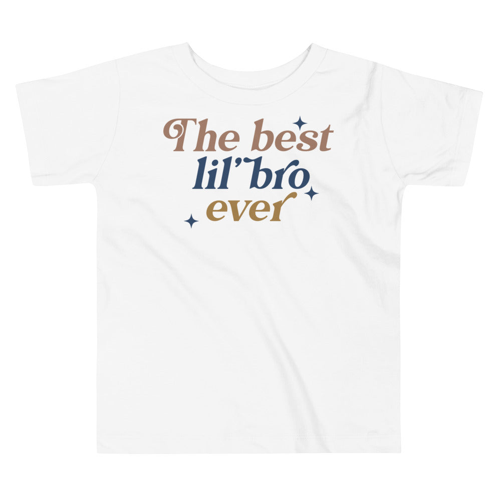 The best lil bro ever. In navy and browns, with stars.  Sibling t-shirts for toddlers and kids.
