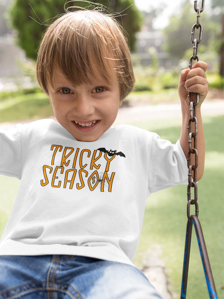 Tricky Season Bat Spiderweb.          Halloween shirt toddler. Trick or treat shirt for toddlers. Spooky season. Fall shirt kids.