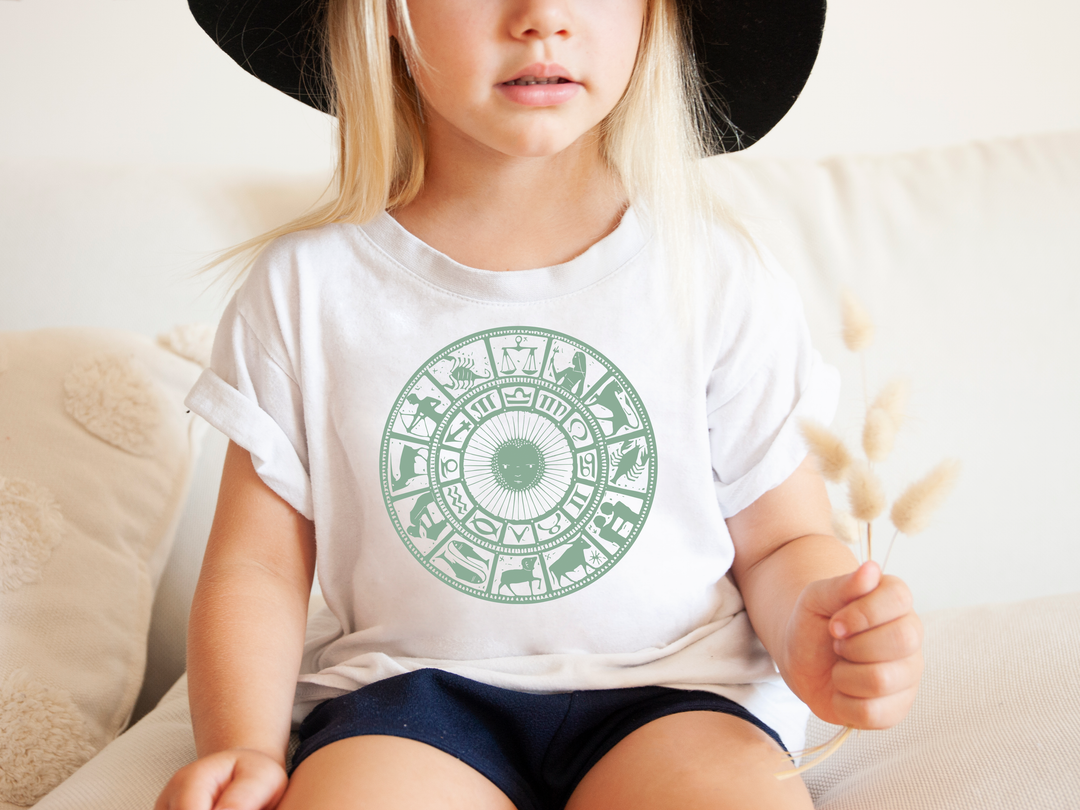 Zodiac Chart Sage Green. Zodiac sign t-shirts for Toddlers And Kids. - TeesForToddlersandKids -  t-shirt - zodiac - zodiac-chart-sage-green-short-sleeve-t-shirt-for-toddler-and-kids-1